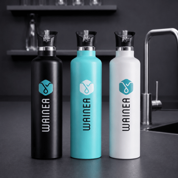 WAINEA Thermosflaschen-Set mit drei Edelstahlflaschen in Schwarz, Blau und Weiß