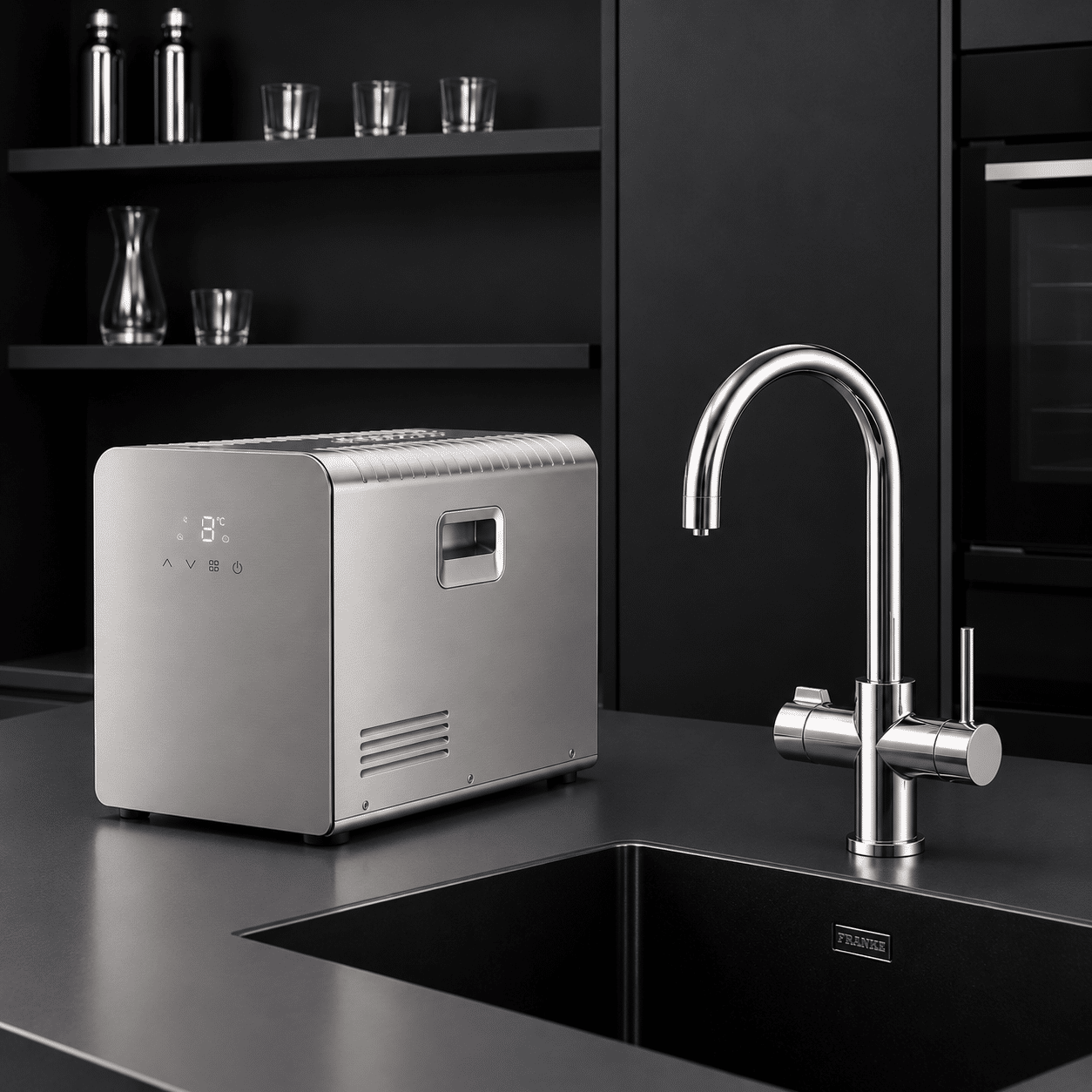 WAINEA Perla Untertisch-System für gekühltes und gesprudeltes Wasser in schwarzer Küche